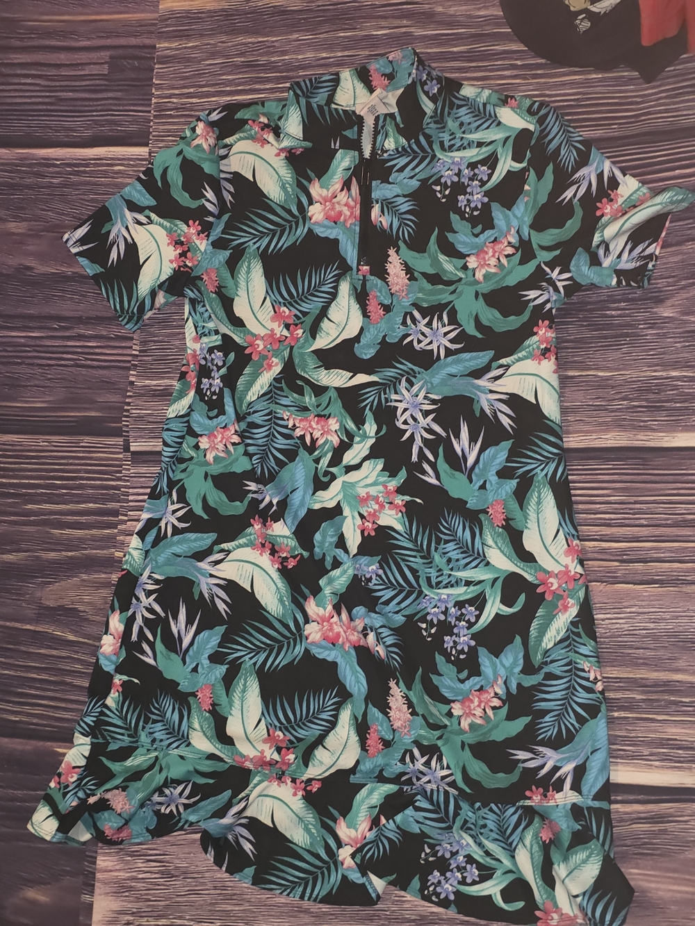Tommy Bahama Black Tropical Leaf & Floral Short Sleeve Dress